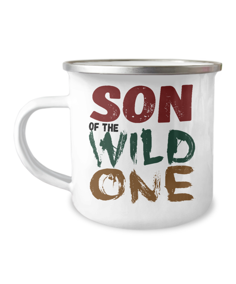 Son Of The Wild One - 12 Oz Stainless Steel Enamel Finish White Camper Coffee Mug