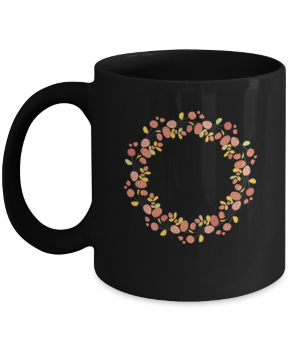 Wreath Autumn Roses Smooth Black Mugs - Funny Black coffee mugs 11 oz