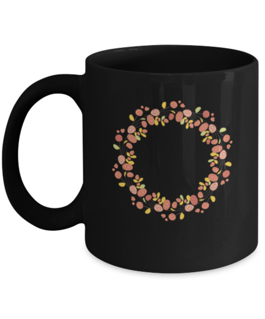 Wreath Autumn Roses Smooth Black Mugs - Funny Black coffee mugs 11 oz