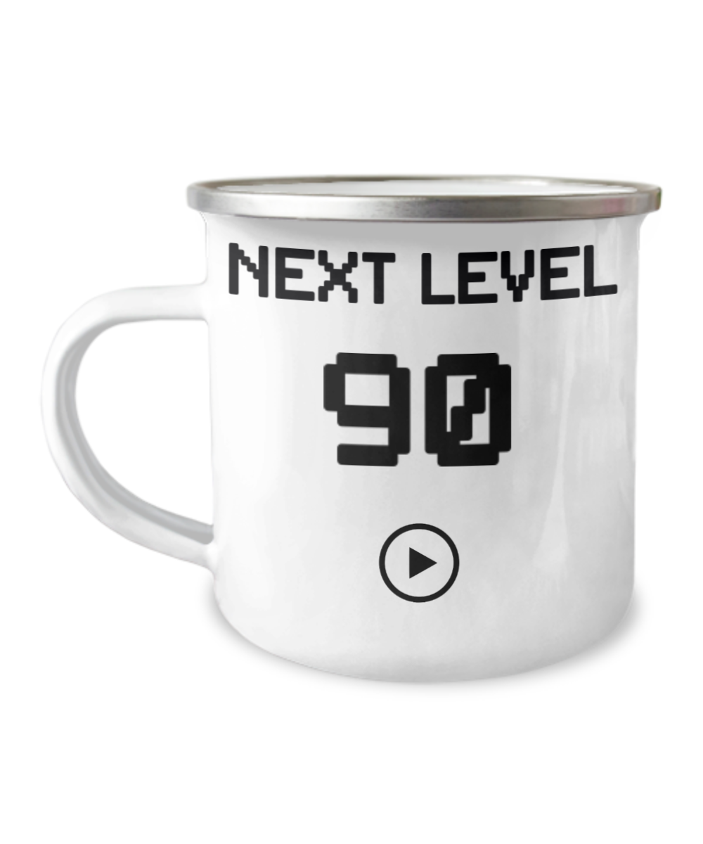 90th Birthday Coffee Mug, Next Level 90, Gamer Coffee Mug, Birthday Mug- 12 Oz Stainless Steel Enamel Finish White Camper Coffee Mug