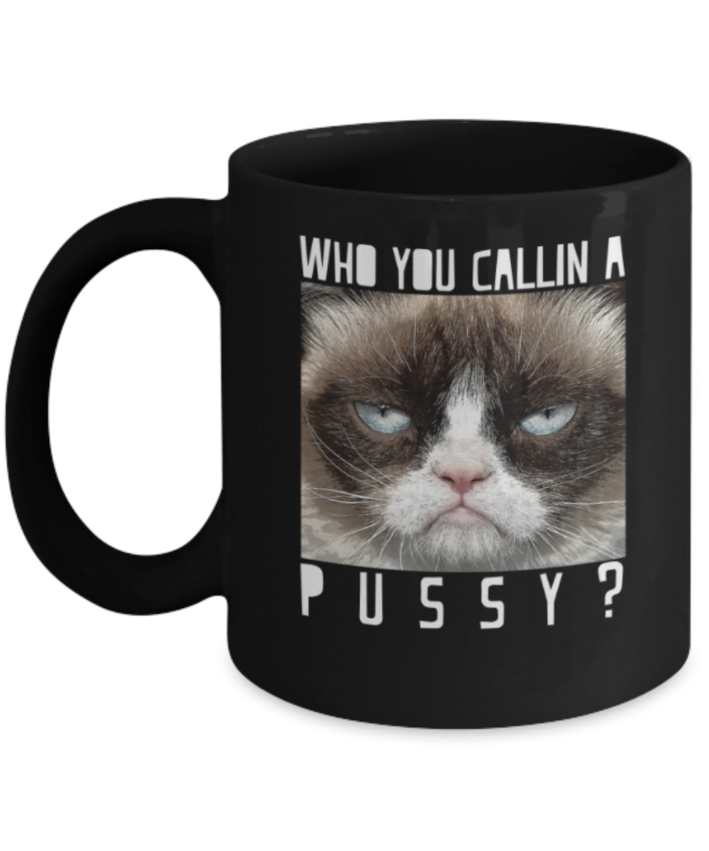 Gift gor cat lovers , Who you callin a pussy - Black Coffee Mug Porcelain Tea Cup 11 oz - Great Gift