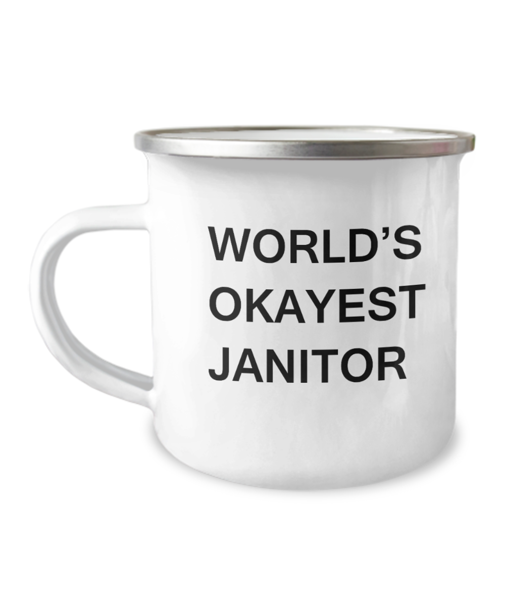 Funny Mug - World's Okayest Janitor-  White Funny Coffee Mug & Coffee Cup-12 Oz Stainless Steel Enamel Finish White Camper Coffee Mug
