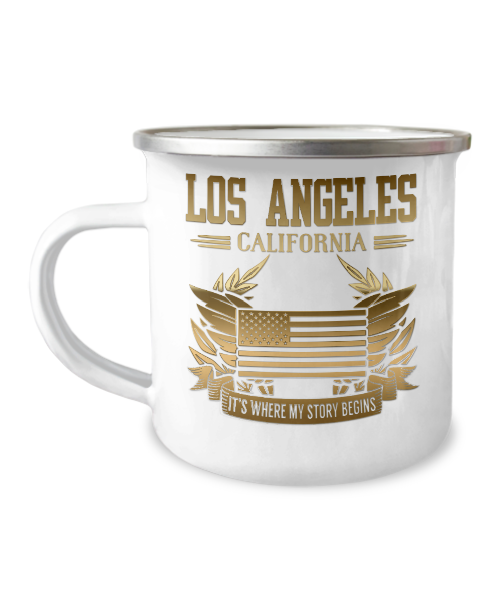 Los Angels California, It's Where My Story Begins -12 Oz Stainless Steel Enamel Finish White Camper Coffee Mug