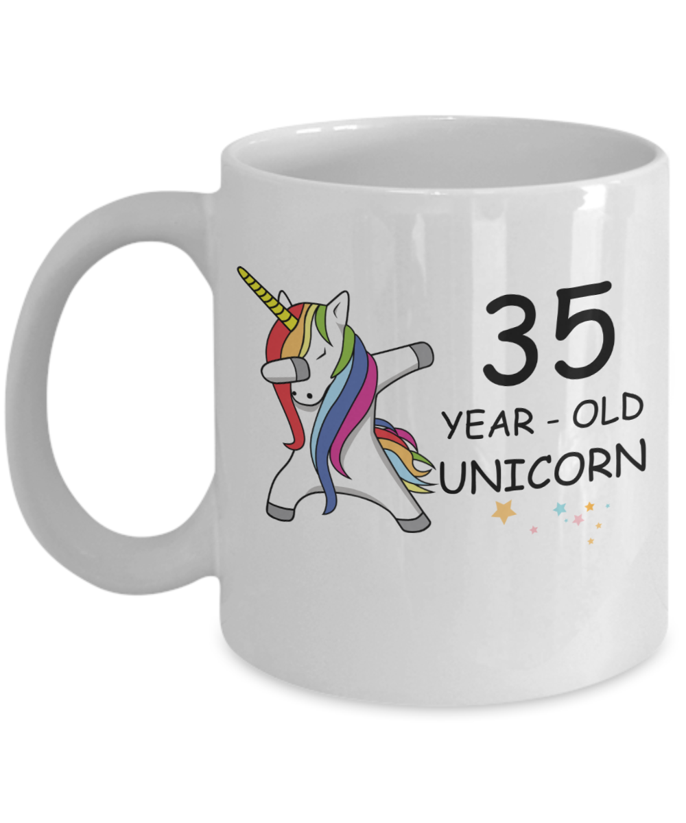 Unicorn Birthday gift 35th Birthday Gift for Women - 35 Year Old Unicorn Dabbing Mug - Funny White Porcelain Coffee 11 oz, 35th Anniversary Bday Gift for Grandma, Mom, Sister, Bestie - Legends are Born In 1985