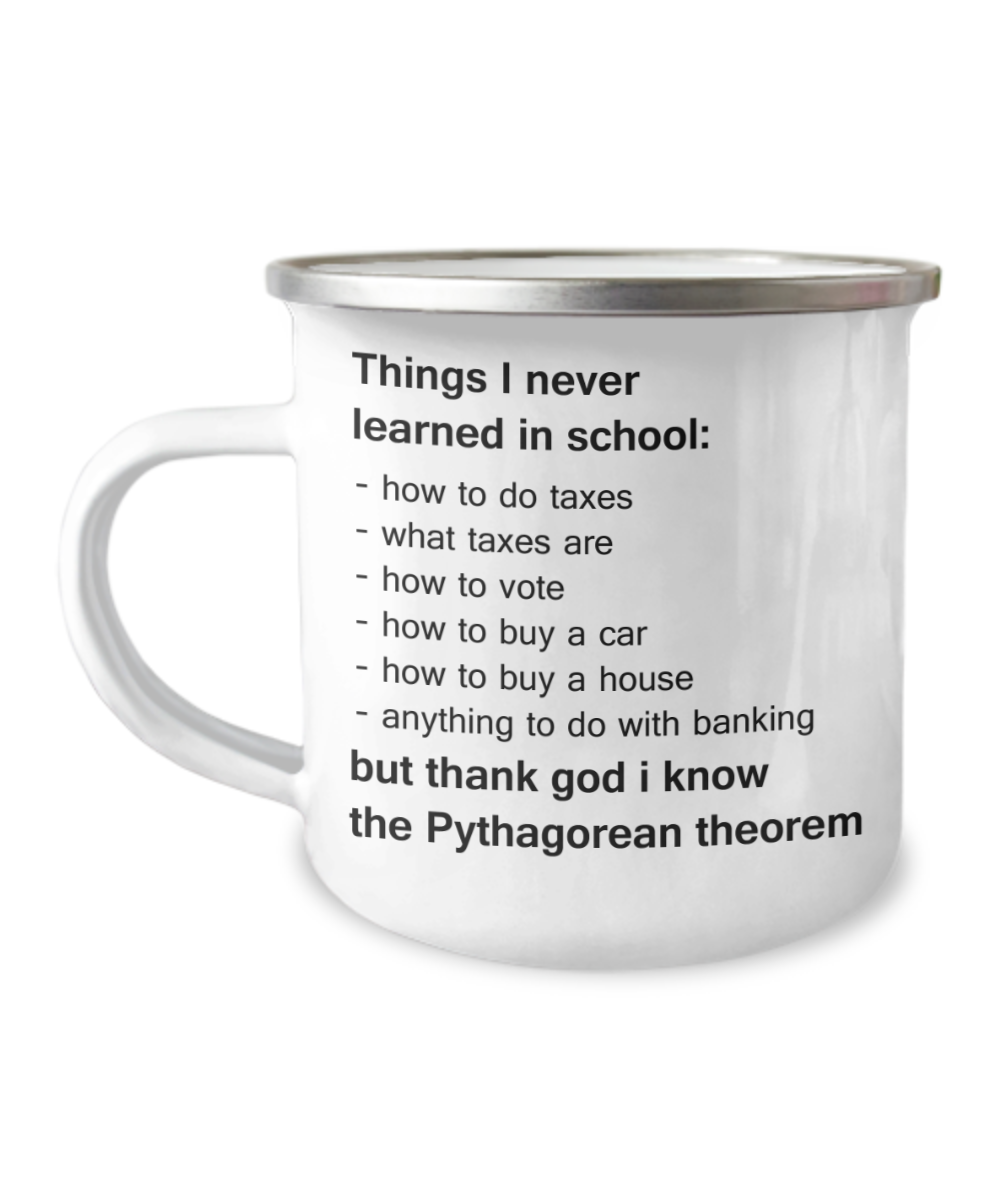 Pythagorean Theorem Funny Camper coffee mugs, Premium- 12 Oz Stainless Steel Enamel Finish White Camper Coffee Mug