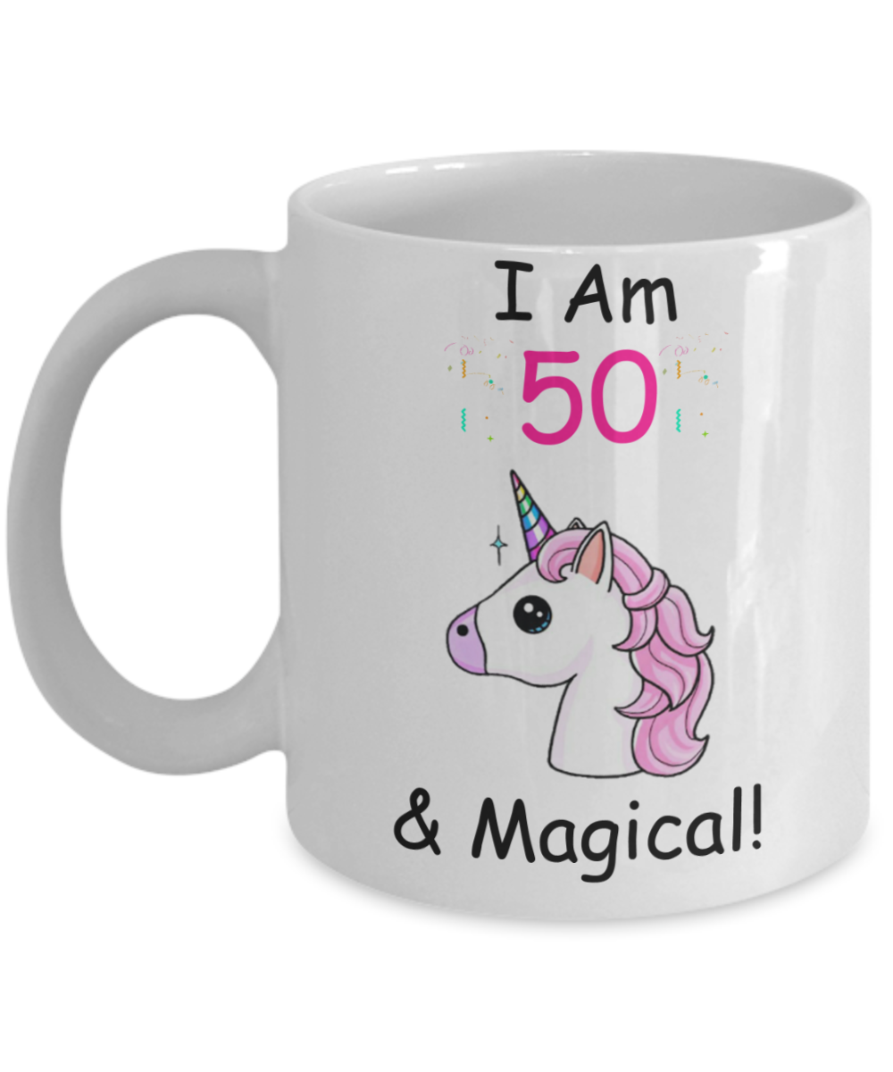 Unicorn Birthday gift 50th Birthday Gift for Women - I Am 50 & Magical Unicorn Mug - Funny White Porcelain Coffee 11 oz for Grandma, Mom, Sister, Best Friend, Women, Her - Born In 1970