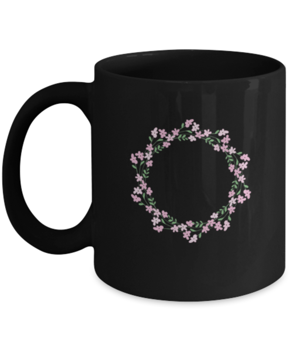 Wreath Pink Textured Black Mugs - Funny Black coffee mugs 11 oz