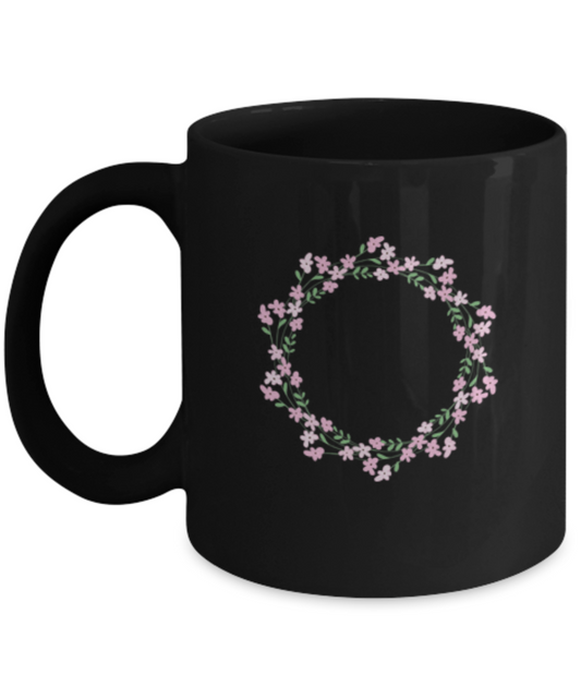 Wreath Pink Textured Black Mugs - Funny Black coffee mugs 11 oz