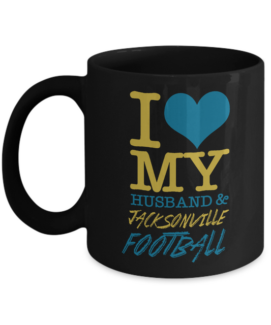 Great Wife Gift Coffee Mug, I Love My Husband And Jacksonville Football -Black Porcelain Coffee Mug 11 oz For Husband, Wife, Wedding Anniversary, Birthday, Christmas, Gift