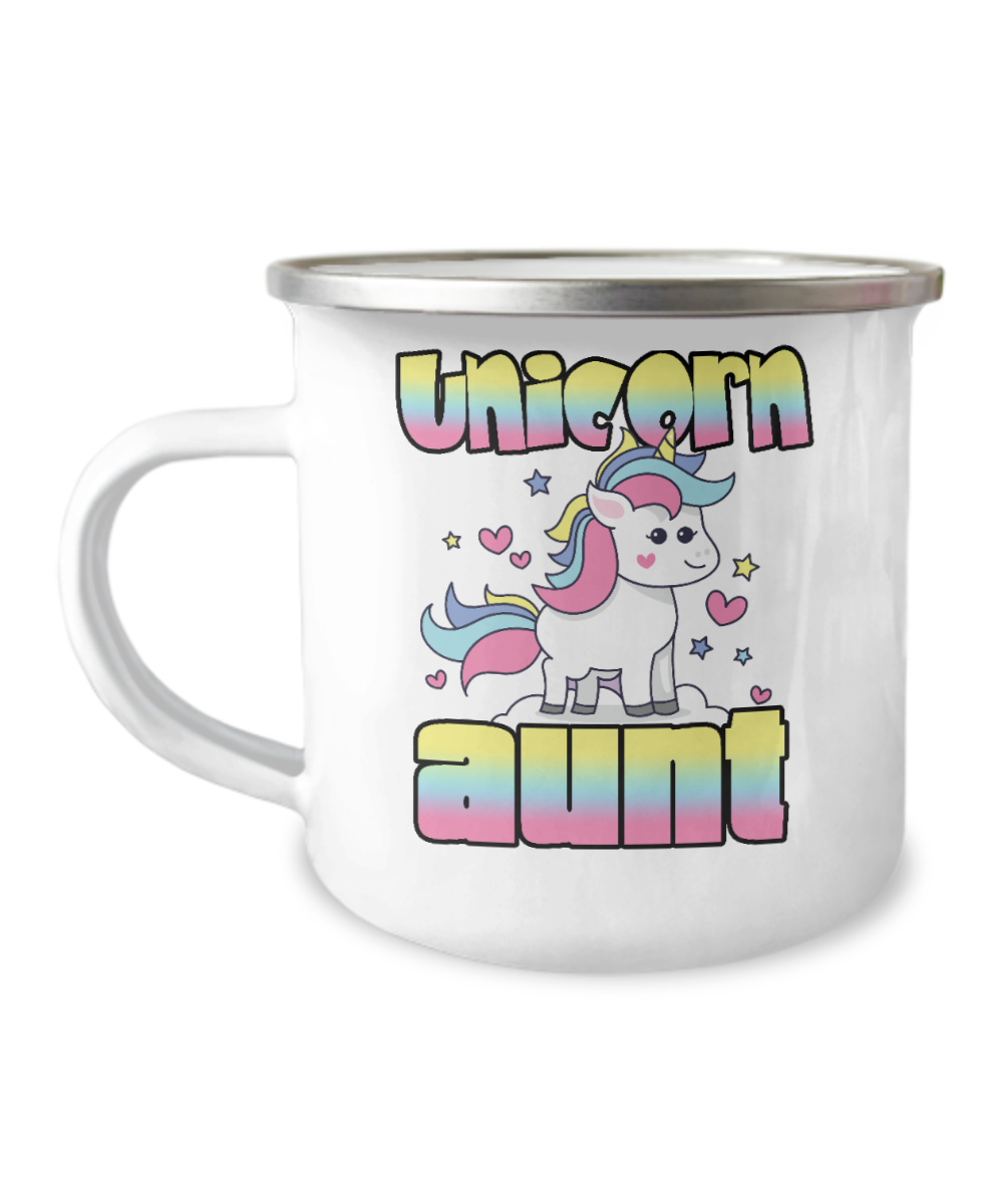Aunt Coffee Mug, Unicorn Aunt, Aunt mug, coffee mug for aunt- 12 Oz Stainless Steel Enamel Finish White Camper Coffee Mug
