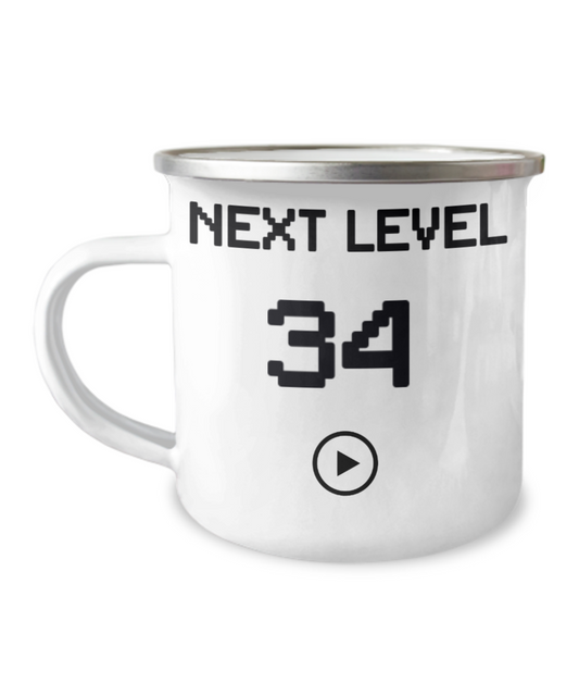 34th Birthday Special Gift Coffee Mug, Next Level 34, Gamer Coffee Mug, Birthday Mug- 12 Oz Stainless Steel Enamel Finish White Camper Coffee Mug
