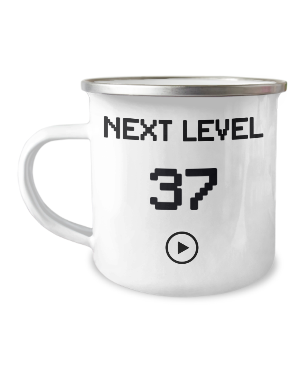 37th Birthday Special Gift Coffee Mug, Next Level 37, Gamer Coffee Mug, Birthday Mug- 12 Oz Stainless Steel Enamel Finish White Camper Coffee Mug