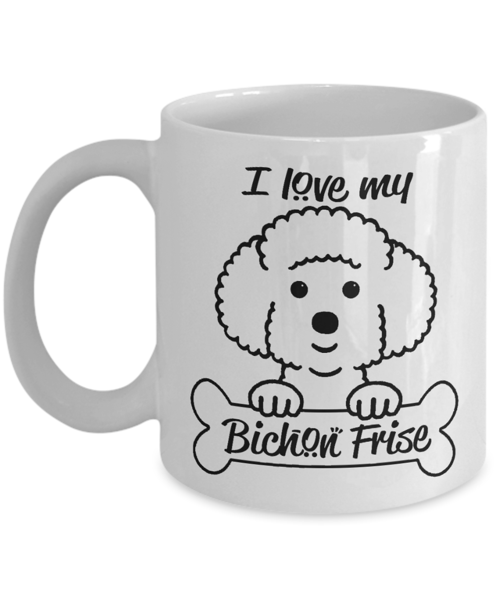 Personalized Dog Lover Gift Coffee mug, I Love My Bichon Frise -White Porcelain Coffee Mug 11 oz