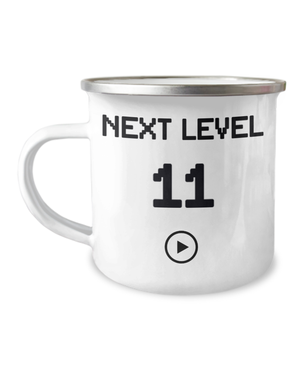 11th Birthday Gift Coffee Mug For Kids, Next Level 11, Gamer Coffee Mug, Birthday Mug- 12 Oz Stainless Steel Enamel Finish White Camper Coffee Mug