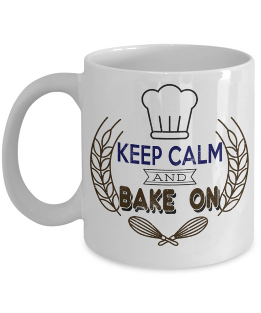 Cooking Lovers Mugs, Keep calm and Bake on - Funny White Porcelain Coffee 11 oz