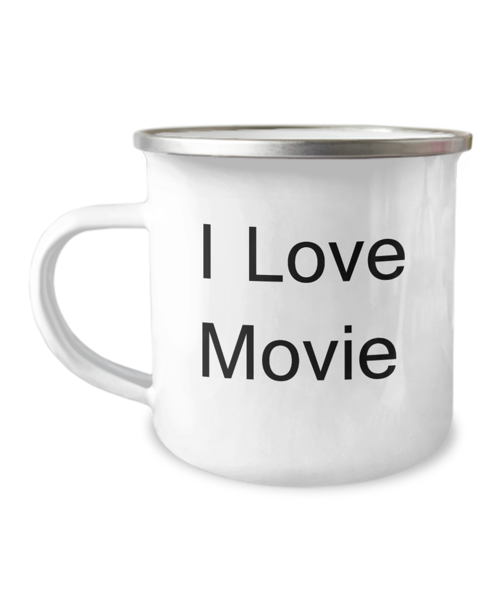 Funny Movie & Shows Lovers Coffee Mug - I Love Movie Premium- 12 Oz Stainless Steel Enamel Finish White Camper Coffee Mug