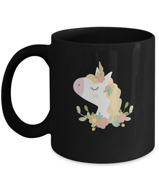 Floral Shy Unicorn Black Mugs - Funny Christmas Gifts - Black coffee mugs 11 oz