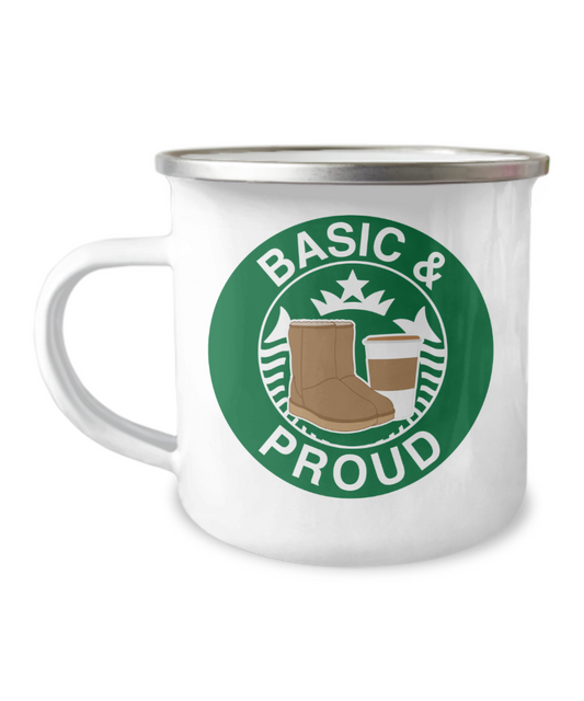Pop culture lovers mugs , Basic & proud -12 Oz Stainless Steel Enamel Finish White Camper Coffee Mug