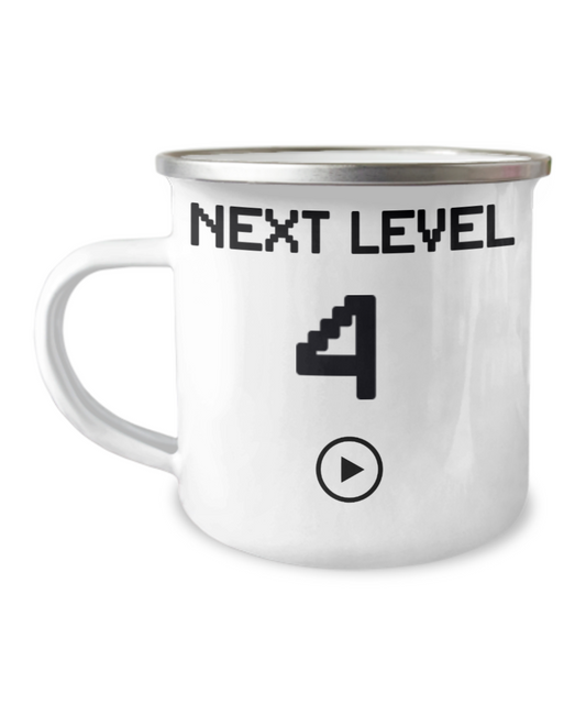 4th Birthday Gift Coffee Mug For Kids, Next Level 4, Gamer Coffee Mug, Birthday Mug- 12 Oz Stainless Steel Enamel Finish White Camper Coffee Mug