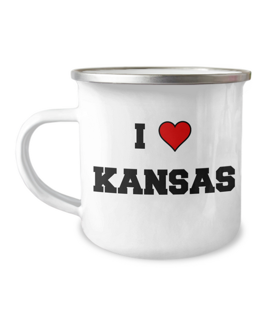 Kansas Tea Coffee Mugs, I Love Kansas USA States Souvenir Mug -12 Oz Stainless Steel Enamel Finish White Camper Coffee Mug