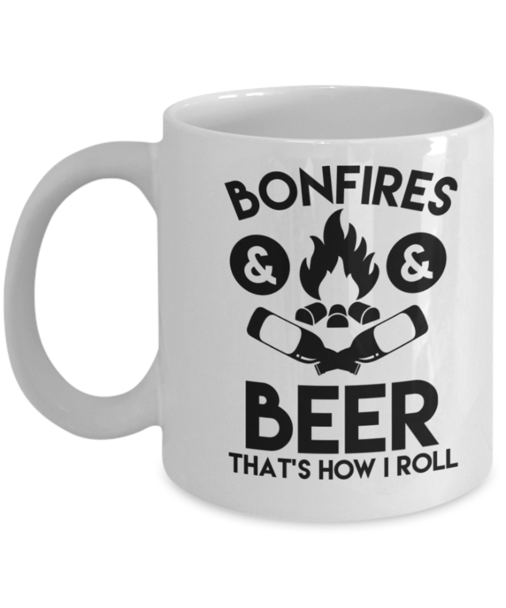 Beer Lovers Gifts , Bonfires & Beer - White Coffee Mug Porcelain Tea Cup 11 oz - Great Gift