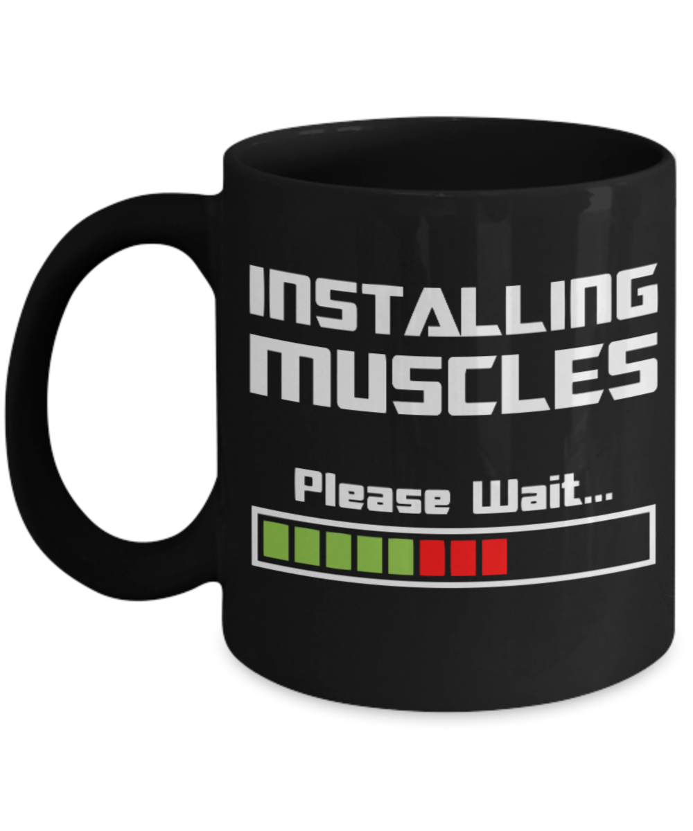 Fitness Lovers mugs , Installing Muscles - Black Coffee Mug Porcelain Tea Cup 11 oz - Great Gift