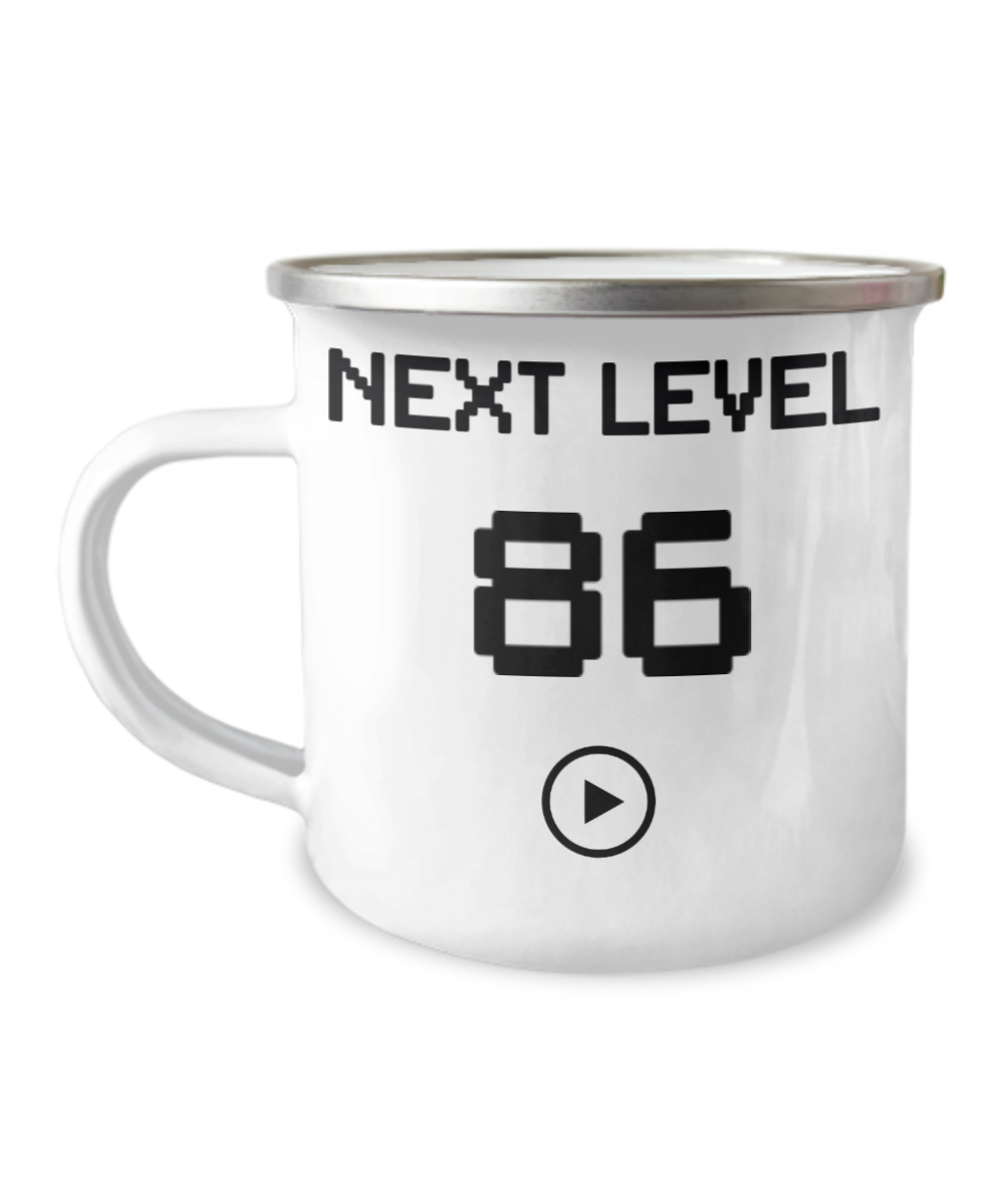 86th Birthday Coffee Mug, Next Level 86, Gamer Coffee Mug, Birthday Mug- 12 Oz Stainless Steel Enamel Finish White Camper Coffee Mug