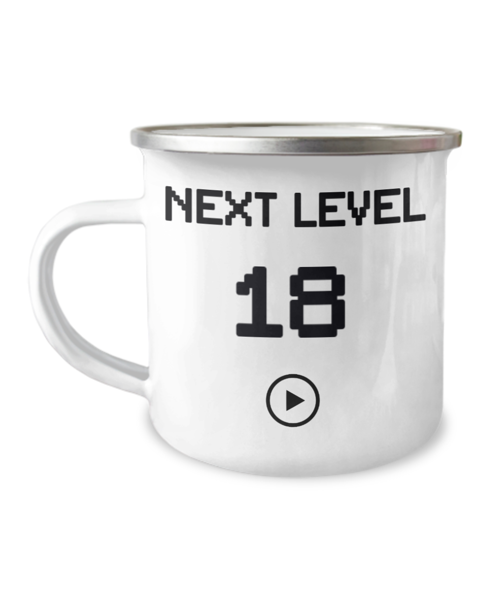 18th Birthday Special Gift Coffee Mug, Next Level 18, Gamer Coffee Mug, Birthday Mug- 12 Oz Stainless Steel Enamel Finish White Camper Coffee Mug