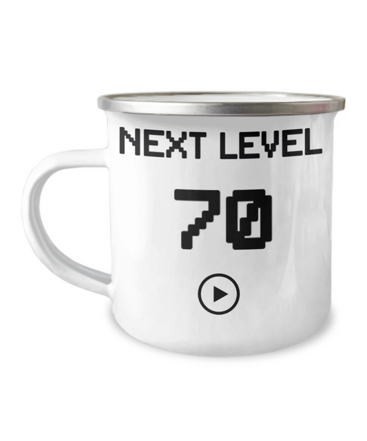 70th Birthday Coffee Mug, Next Level 70, Gamer Coffee Mug, Birthday Mug- 12 Oz Stainless Steel Enamel Finish White Camper Coffee Mug