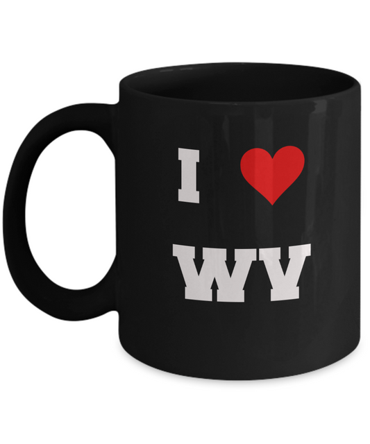 West Virginia Mug, I Love West Virginia WV Abbreviation USA States Ceramic Black Coffee Mug Tea Cup Gifts Mugs 11 oz Funny Mugs