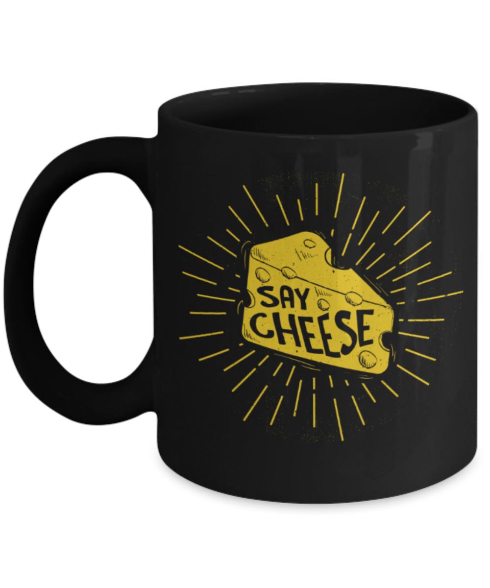 Cheese Lovers Mugs, Say Cheese - Funny Black Porcelain Coffee 11 oz