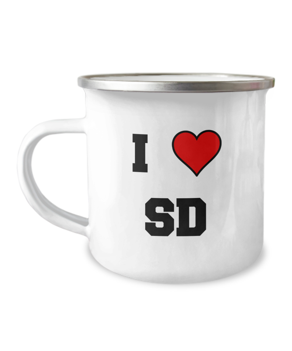South Dakota Mug, I Love South Dakota SD Abbreviation USA States - Premium  12 Oz Stainless Steel Enamel Finish White Camper Coffee Mug