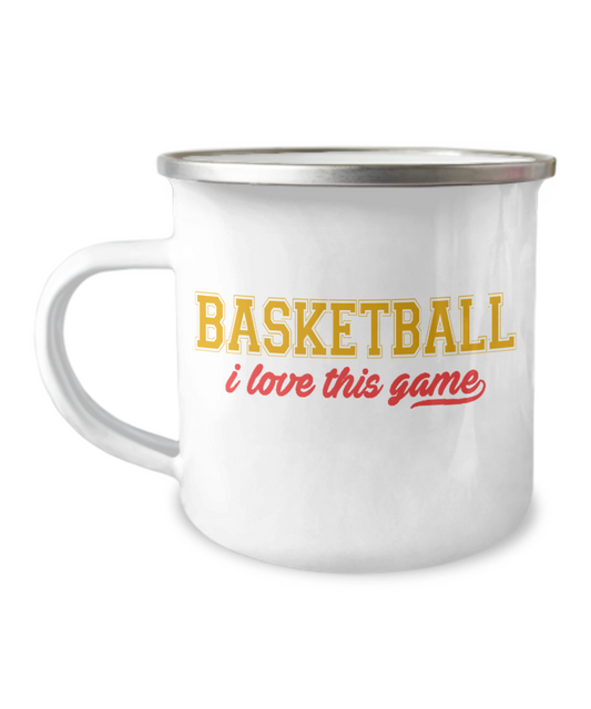 Basketball Player Coffee Mug, Basketball I Love This Game- 12 Oz Stainless Steel Enamel Finish White Camper Coffee Mug