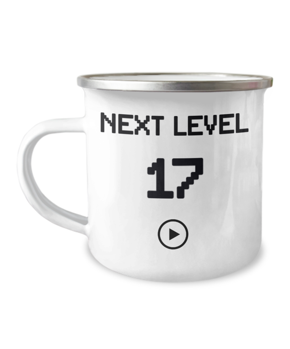 17th Birthday Special Gift Coffee Mug, Next Level 17, Gamer Coffee Mug, Birthday Mug- 12 Oz Stainless Steel Enamel Finish White Camper Coffee Mug