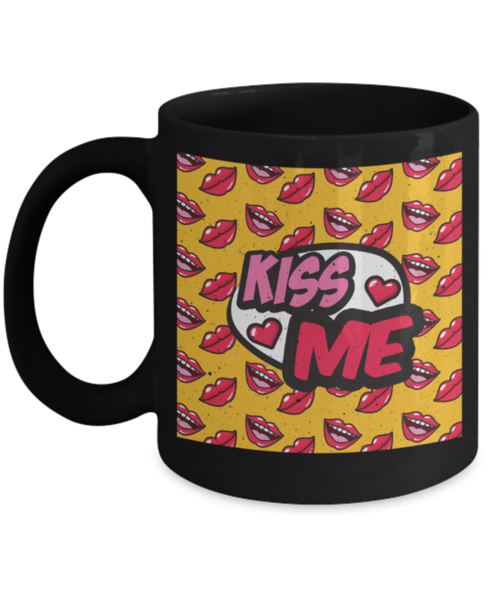Kissing Lovers Mugs, Kiss me - Funny Black Porcelain Coffee 11 oz