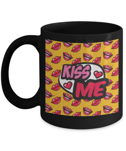 Kissing Lovers Mugs, Kiss me - Funny Black Porcelain Coffee 11 oz