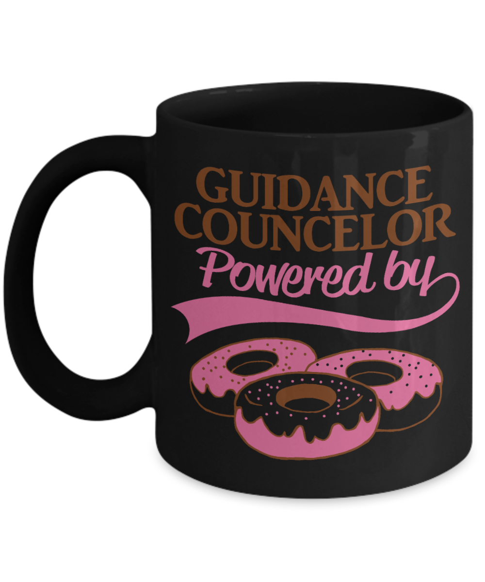 School Counselor Gift Idea, Guidance Councelor Powered by donuts-Black Porcelain Coffee Mug 11 oz For Guidance Counselor, School Counselor, Therapist, Birthday, Christmas, Gifts
