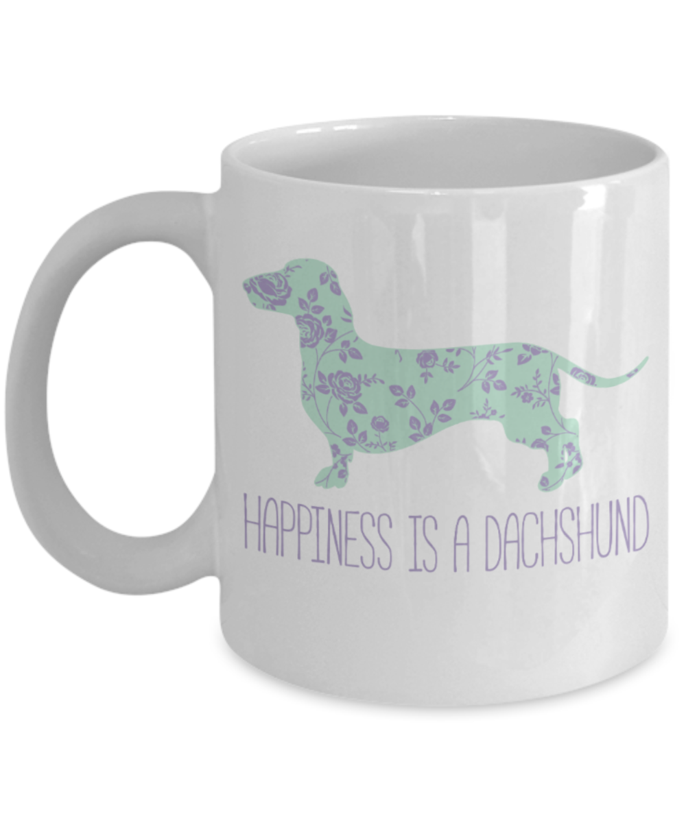 Cat Lovers Gifts , Happiness is a Dashchund - White Coffee Mug Porcelain Tea Cup 11 oz - Great Gift