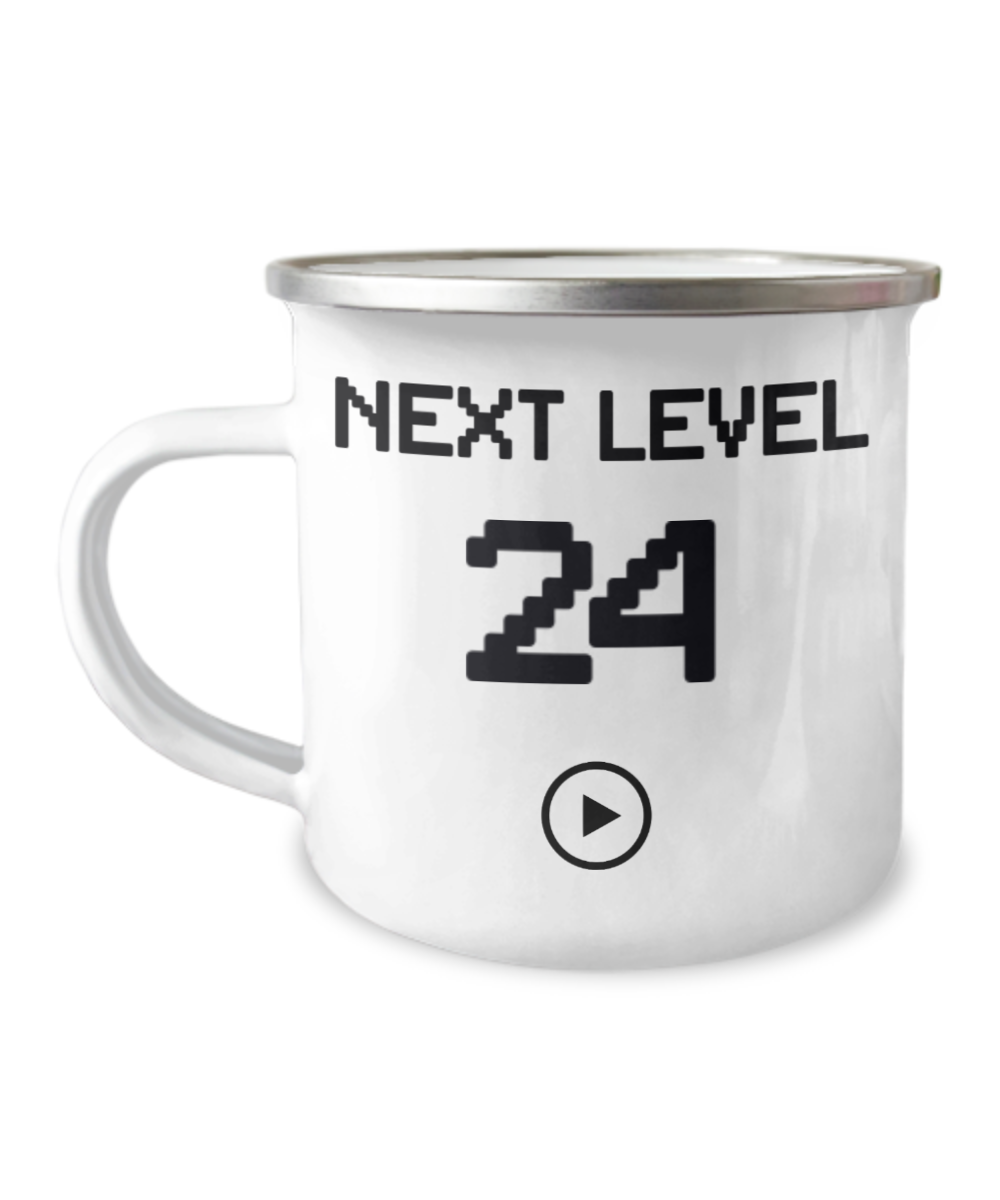24th Birthday Special Gift Coffee Mug, Next Level 24, Gamer Coffee Mug, Birthday Mug- 12 Oz Stainless Steel Enamel Finish White Camper Coffee Mug