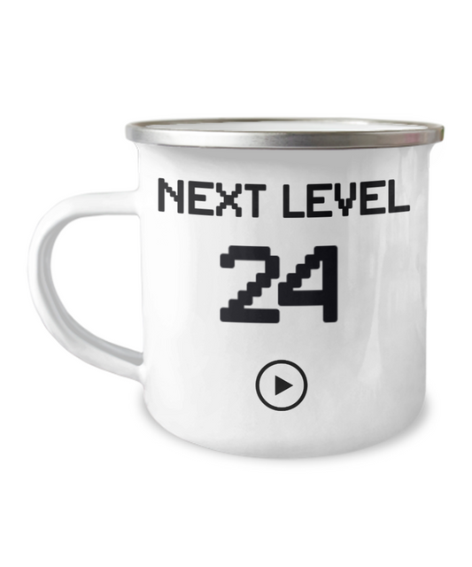 24th Birthday Special Gift Coffee Mug, Next Level 24, Gamer Coffee Mug, Birthday Mug- 12 Oz Stainless Steel Enamel Finish White Camper Coffee Mug