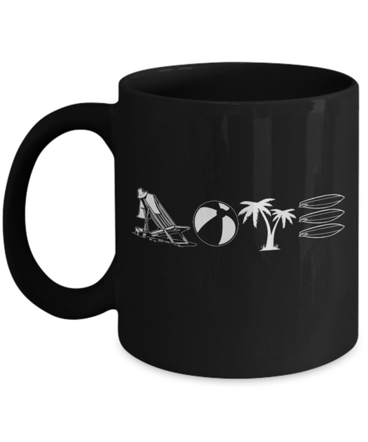 Beach Lovers Mugs , Beach Love - Black Coffee Mug Porcelain Tea Cup 11 oz - Great Gift