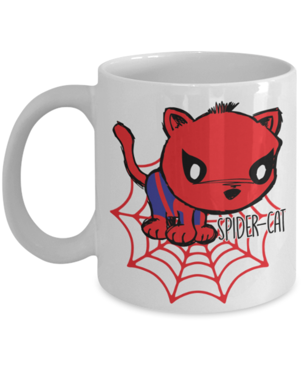 Gift gor cat lovers , Spider cat - White Coffee Mug Porcelain Tea Cup 11 oz - Great Gift