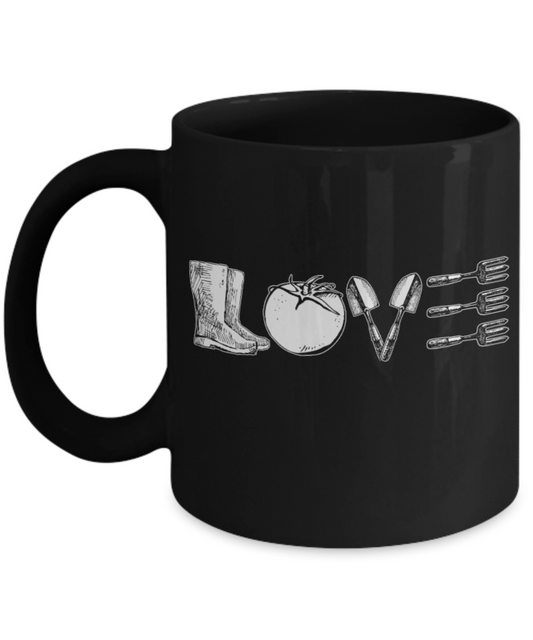 Love - Black Coffee Mug Porcelain Tea Cup 11 oz - Great Gift