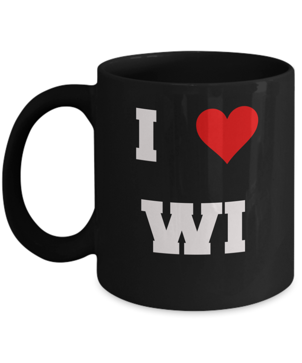 Wisconsin Mug, I Love Wisconsin WI Abbreviation USA States Ceramic Black Coffee Mug Tea Cup Gifts Mugs 11 oz Funny Mugs