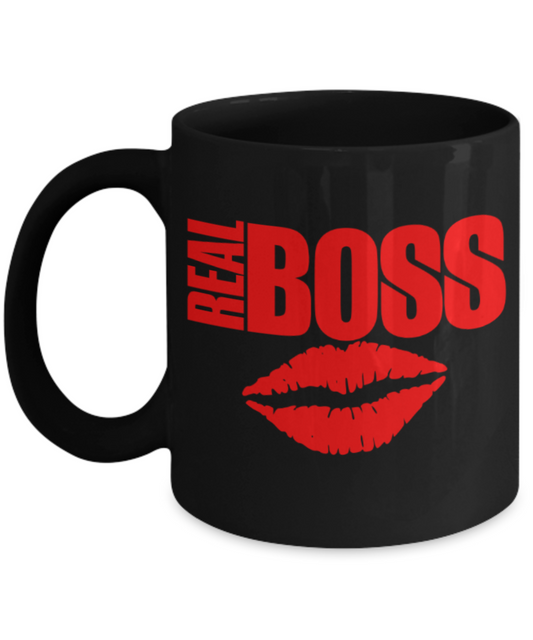 Aneversery gift - Real Boss - Funny Black Porcelain Coffee Mug Cute Ceramic Cup 11 oz