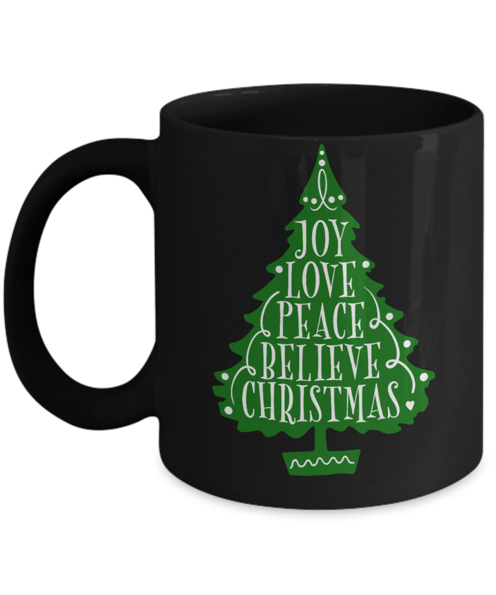 Knightmare before christmas mug - Joy Love Peace Believe Christmas - Funny Christmas Gifts Mugs, Christmas Gifts for family Ceramic Cup Black, Funny Mugs Gift Ideas 11 Oz
