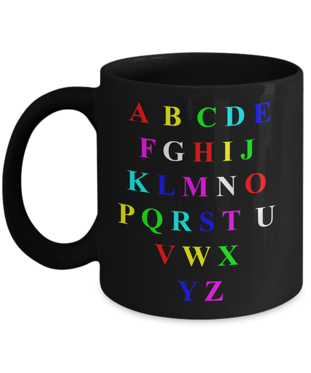 Colorful Alphabet Mugs for Children -Black Mugs - Funny Black coffee mugs 11 oz