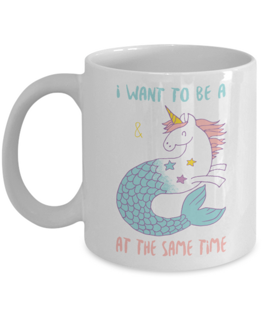 Unicorn and Mermaid - White Coffee Mug Porcelain Tea Cup 11 oz - Great Gift