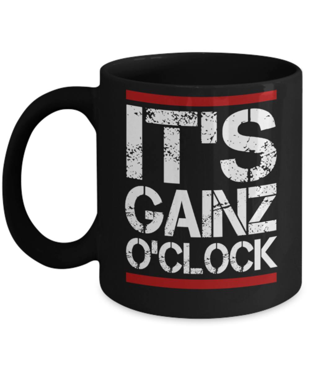 Workouts lovers mugs, It's Gainz o'clock - Funny Black Porcelain Coffee 11 oz