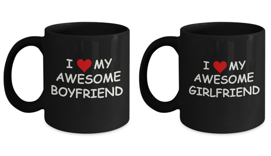 I Love My Awesome Boyfriend and I Love My Awesome Girlfriend Black coffee mugs 11 oz